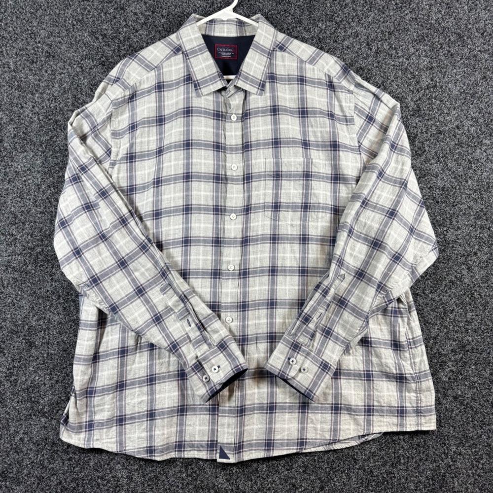 UNTUCKit Mens 3XL Grey Navy Blue Plaid Flannel Long Sleeve Button Down Shirt